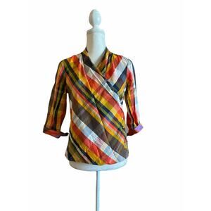Liz claiborne Women wrap front plaid shirt blouse 3/4 sleeve sz 4 cream orange